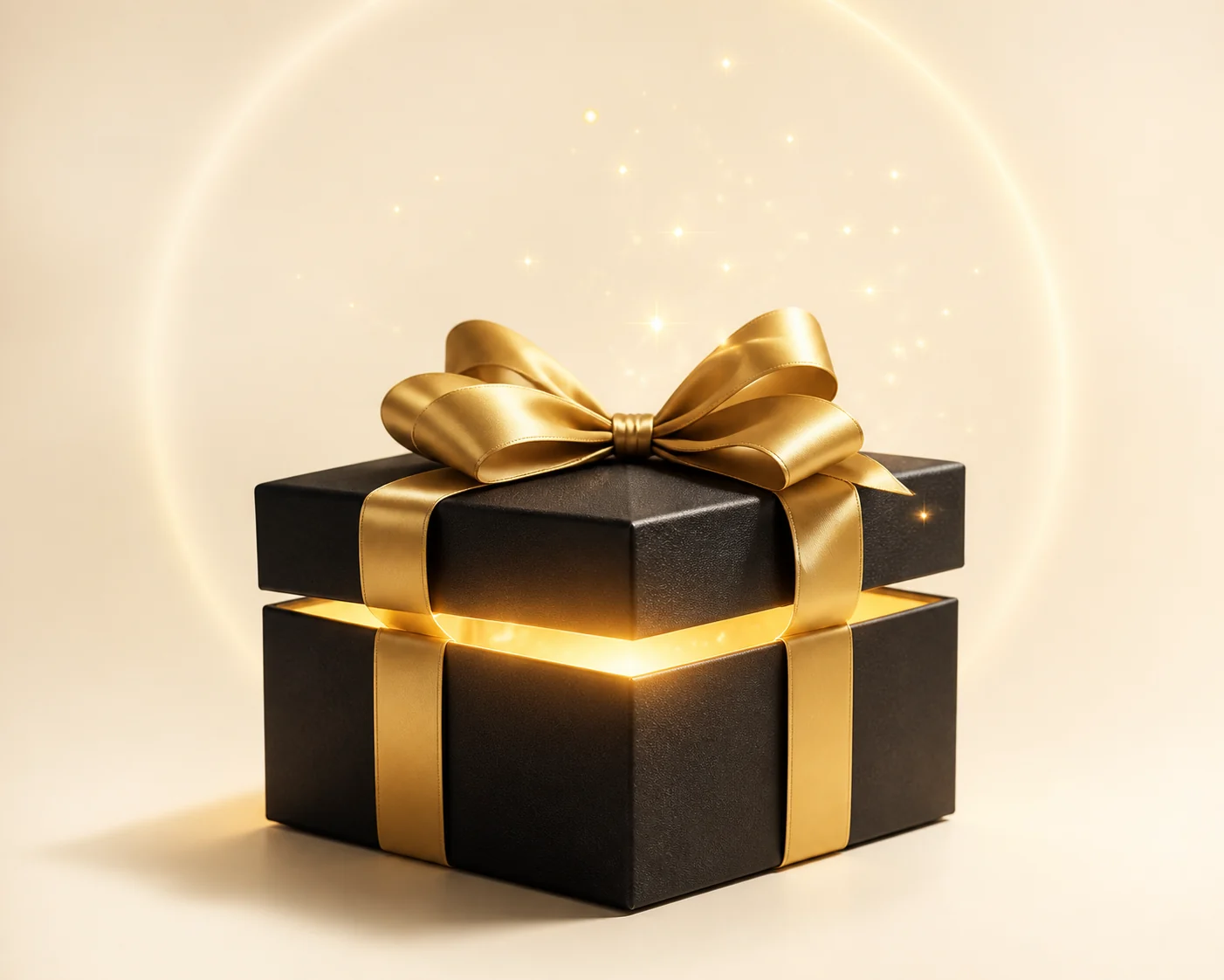 An elegant charcoal Kynd gift box wrapped in a gold ribbon and glowing warmly